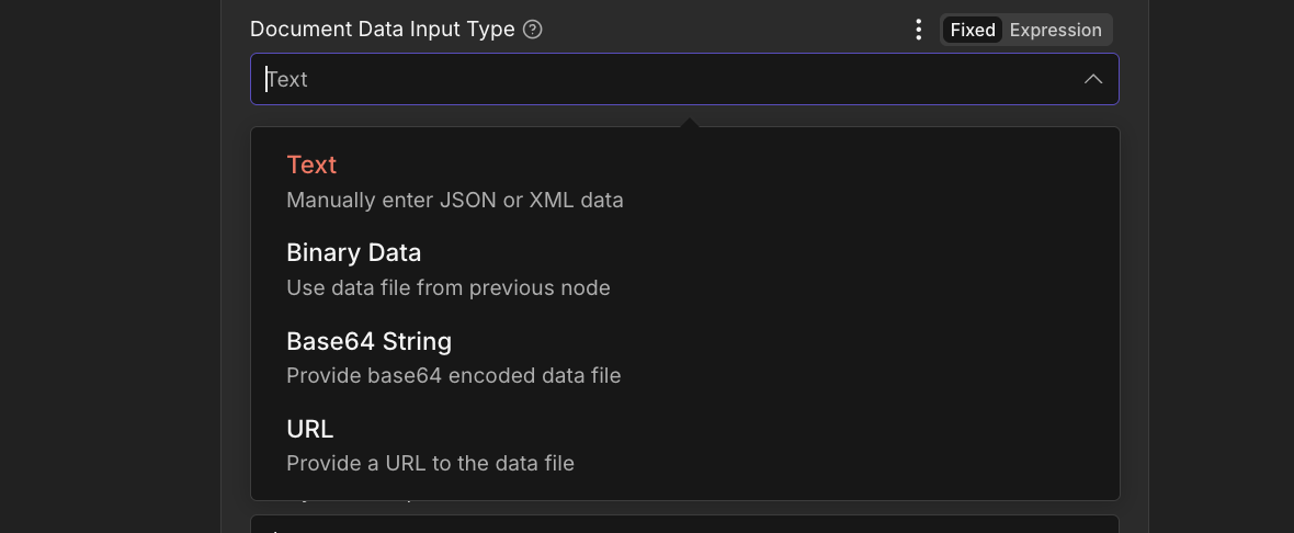 Document Data Input Type dropdown in n8n PDF4me Generate Document (Single) node showing four options: Text highlighted with description Manually enter JSON or XML data, Binary Data with description Use data file from previous node, Base64 String with description Provide base64 encoded data file, URL with description Provide a URL to the data file